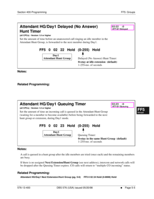 Page 457Section 400-Programming FF5: Groups
576-13-400 DBS 576 (USA) issued 05/20/98
     l     Page 5-5
FF1System
FF2Tr u n k s
FF3Extensions
FF4FF-/Soft Keys
FF5Groups
FF6TRS/ARS
0   System
Configuration
FF7Appl ications
FF8Maintenance Introduction
Appe ndix  A
Appe ndix  B
FF1System
FF2Tr u n k s
FF3Extensions
FF4FF-/Soft Keys
FF5Groups
FF6TRS/ARS
0   System
Configuration
FF7Appli cations
FF8Maintenance Introduction
Appe ndix A
Appe ndix B
          
Notes:
Related Programming:
        
Notes:
A call is...