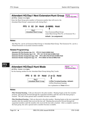 Page 458FF5: Groups Section 400-Programming
Page 5-6
     l     DBS 576 (USA) issued 05/20/98 576-13-400
FF1System
FF2Tr u n k s
FF3Extensions
FF4FF-/Soft Keys
FF5Groups
FF6TRS/ARS
0   System
Configuration
FF7Appl ications
FF8Maintenance Introduction
Appe ndix  A
Appe ndix  B
FF1System
FF2Tr u n k s
FF3Extensions
FF4FF-/Soft Keys
FF5Groups
FF6TRS/ARS
0   System
Configuration
FF7Appli cations
FF8Maintenance Introduction
Appe ndix A
Appe ndix B
        
Notes:
The Pilot No. can be an Extension Hunt Group or...