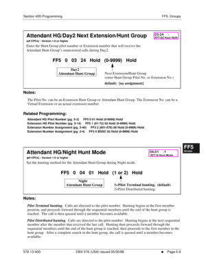 Page 461Section 400-Programming FF5: Groups
576-13-400 DBS 576 (USA) issued 05/20/98
     l     Page 5-9
FF1System
FF2Tr u n k s
FF3Extensions
FF4FF-/Soft Keys
FF5Groups
FF6TRS/ARS
0   System
Configuration
FF7Appl ications
FF8Maintenance Introduction
Appe ndix  A
Appe ndix  B
FF1System
FF2Tr u n k s
FF3Extensions
FF4FF-/Soft Keys
FF5Groups
FF6TRS/ARS
0   System
Configuration
FF7Appli cations
FF8Maintenance Introduction
Appe ndix A
Appe ndix B
      
Notes:
The Pilot No. can be an Extension Hunt Group or...