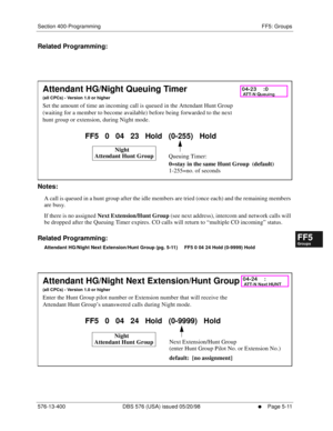 Page 463Section 400-Programming FF5: Groups
576-13-400 DBS 576 (USA) issued 05/20/98
     l     Page 5-11
FF1System
FF2Tr u n k s
FF3Extensions
FF4FF-/Soft Keys
FF5Groups
FF6TRS/ARS
0   System
Configuration
FF7Appl ications
FF8Maintenance Introduction
Appe ndix  A
Appe ndix  B
FF1System
FF2Tr u n k s
FF3Extensions
FF4FF-/Soft Keys
FF5Groups
FF6TRS/ARS
0   System
Configuration
FF7Appli cations
FF8Maintenance Introduction
Appe ndix A
Appe ndix B
Related Programming:
        
Notes:
A call is queued in a hunt group...