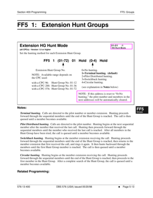 Page 465Section 400-Programming FF5: Groups
576-13-400 DBS 576 (USA) issued 05/20/98
     l     Page 5-13
FF1System
FF2Tr u n k s
FF3Extensions
FF4FF-/Soft Keys
FF5Groups
FF6TRS/ARS
0   System
Configuration
FF7Appl ications
FF8Maintenance Introduction
Appe ndix  A
Appe ndix  B
FF1System
FF2Tr u n k s
FF3Extensions
FF4FF-/Soft Keys
FF5Groups
FF6TRS/ARS
0   System
Configuration
FF7Appli cations
FF8Maintenance Introduction
Appe ndix A
Appe ndix B
FF5  1:   Extension Hunt Groups  
          
Notes:
Terminal hunting....