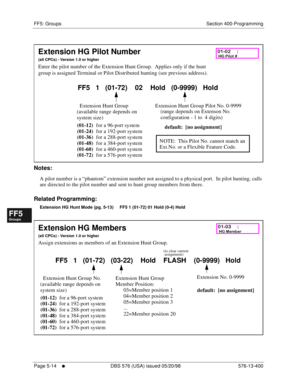 Page 466FF5: Groups Section 400-Programming
Page 5-14
     l     DBS 576 (USA) issued 05/20/98 576-13-400
FF1System
FF2Tr u n k s
FF3Extensions
FF4FF-/Soft Keys
FF5Groups
FF6TRS/ARS
0   System
Configuration
FF7Appl ications
FF8Maintenance Introduction
Appe ndix  A
Appe ndix  B
FF1System
FF2Tr u n k s
FF3Extensions
FF4FF-/Soft Keys
FF5Groups
FF6TRS/ARS
0   System
Configuration
FF7Appli cations
FF8Maintenance Introduction
Appe ndix A
Appe ndix B
         
Notes:
A pilot number is a “phantom” extension number not...