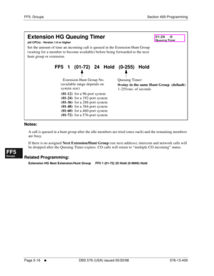 Page 468FF5: Groups Section 400-Programming
Page 5-16
     l     DBS 576 (USA) issued 05/20/98 576-13-400
FF1System
FF2Tr u n k s
FF3Extensions
FF4FF-/Soft Keys
FF5Groups
FF6TRS/ARS
0   System
Configuration
FF7Appl ications
FF8Maintenance Introduction
Appe ndix  A
Appe ndix  B
FF1System
FF2Tr u n k s
FF3Extensions
FF4FF-/Soft Keys
FF5Groups
FF6TRS/ARS
0   System
Configuration
FF7Appli cations
FF8Maintenance Introduction
Appe ndix A
Appe ndix B
         
Notes:
A call is queued in a hunt group after the idle...