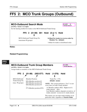 Page 470FF5: Groups Section 400-Programming
Page 5-18
     l     DBS 576 (USA) issued 05/20/98 576-13-400
FF1System
FF2Tr u n k s
FF3Extensions
FF4FF-/Soft Keys
FF5Groups
FF6TRS/ARS
0   System
Configuration
FF7Appl ications
FF8Maintenance Introduction
Appe ndix  A
Appe ndix  B
FF1System
FF2Tr u n k s
FF3Extensions
FF4FF-/Soft Keys
FF5Groups
FF6TRS/ARS
0   System
Configuration
FF7Appli cations
FF8Maintenance Introduction
Appe ndix A
Appe ndix B
FF5  2:  MCO Trunk Groups (Outbound)
        
Notes:
Related...