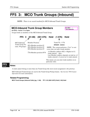 Page 472FF5: Groups Section 400-Programming
Page 5-20
     l     DBS 576 (USA) issued 05/20/98 576-13-400
FF1System
FF2Tr u n k s
FF3Extensions
FF4FF-/Soft Keys
FF5Groups
FF6TRS/ARS
0   System
Configuration
FF7Appl ications
FF8Maintenance Introduction
Appe ndix  A
Appe ndix  B
FF1System
FF2Tr u n k s
FF3Extensions
FF4FF-/Soft Keys
FF5Groups
FF6TRS/ARS
0   System
Configuration
FF7Appli cations
FF8Maintenance Introduction
Appe ndix A
Appe ndix B
FF5  3:   MCO Trunk Groups (Inbound)
NOTE:  There is no search method...