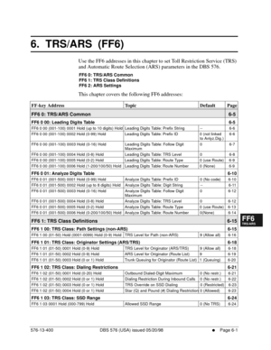 Page 479576-13-400 DBS 576 (USA) issued 05/20/98     l     Page 6-1
FF1System
FF2Tr u n k s
FF3Extensions
FF4FF-/Soft Keys
FF5Groups
FF6TRS/ARS
0   System
Configuration
FF7Appl ications
FF8Maintenance Introduction
Appe ndix  A
Appe ndix  B
FF1System
FF2Tr u n k s
FF3Extensions
FF4FF-/Soft Keys
FF5Groups
FF6TRS/ARS
0   System
Configuration
FF7Appli cations
FF8Maintenance Introduction
Appe ndix A
Appe ndix B
6.  TRS/ARS  (FF6)
Use the FF6 addresses in this chapter to set Toll Restriction Service (TRS) 
and...