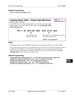 Page 485Section 400-Programming FF6: TRS/ARS
576-13-400 DBS 576 (USA) issued 05/20/98
     l     Page 6-7
FF1System
FF2Tr u n k s
FF3Extensions
FF4FF-/Soft Keys
FF5Groups
FF6TRS/ARS
0   System
Configuration
FF7Appl ications
FF8Maintenance Introduction
Appe ndix  A
Appe ndix  B
FF1System
FF2Tr u n k s
FF3Extensions
FF4FF-/Soft Keys
FF5Groups
FF6TRS/ARS
0   System
Configuration
FF7Appli cations
FF8Maintenance Introduction
Appe ndix A
Appe ndix B
Related Programming:
FF6 0 01: Analyze Digits Table (pg. 6-10)...