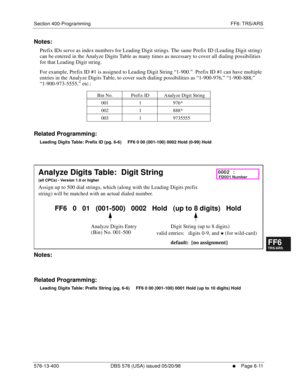 Page 489Section 400-Programming FF6: TRS/ARS
576-13-400 DBS 576 (USA) issued 05/20/98
     l     Page 6-11
FF1System
FF2Tr u n k s
FF3Extensions
FF4FF-/Soft Keys
FF5Groups
FF6TRS/ARS
0   System
Configuration
FF7Appl ications
FF8Maintenance Introduction
Appe ndix  A
Appe ndix  B
FF1System
FF2Tr u n k s
FF3Extensions
FF4FF-/Soft Keys
FF5Groups
FF6TRS/ARS
0   System
Configuration
FF7Appli cations
FF8Maintenance Introduction
Appe ndix A
Appe ndix B
Notes:
Prefix IDs serve as index numbers for Leading Digit strings....