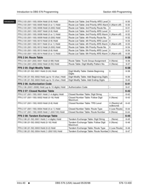 Page 50Introduction to DBS 576 Programming Section 400-Programming
Intro-40
     l     DBS 576 (USA) issued 05/20/98 576-13-400
FF1System
FF2Tr u n k s
FF3Extensions
FF4FF-/Soft Keys
FF5Groups
FF6TRS/ARS
0   System
Configuration
FF7Appl ications
FF8Maintenance Introduction
Appe ndix  A
Appe ndix  B
FF1System
FF2Tr u n k s
FF3Extensions
FF4FF-/Soft Keys
FF5Groups
FF6TRS/ARS
0   System
Configuration
FF7Appli cations
FF8Maintenance
Introduction
Appe ndix A
Appe ndix BFF6 2 03 (001-100) 0004 Hold (0-9) Hold Route...