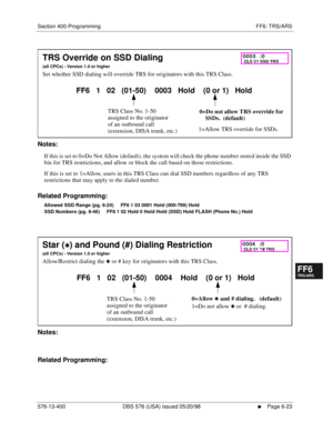 Page 501Section 400-Programming FF6: TRS/ARS
576-13-400 DBS 576 (USA) issued 05/20/98
     l     Page 6-23
FF1System
FF2Tr u n k s
FF3Extensions
FF4FF-/Soft Keys
FF5Groups
FF6TRS/ARS
0   System
Configuration
FF7Appl ications
FF8Maintenance Introduction
Appe ndix  A
Appe ndix  B
FF1System
FF2Tr u n k s
FF3Extensions
FF4FF-/Soft Keys
FF5Groups
FF6TRS/ARS
0   System
Configuration
FF7Appli cations
FF8Maintenance Introduction
Appe ndix A
Appe ndix B
        
Notes:
If this is set to 0=Do Not Allow (default), the...