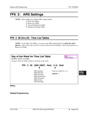 Page 503Section 400-Programming FF6: TRS/ARS
576-13-400 DBS 576 (USA) issued 05/20/98
     l     Page 6-25
FF1System
FF2Tr u n k s
FF3Extensions
FF4FF-/Soft Keys
FF5Groups
FF6TRS/ARS
0   System
Configuration
FF7Appl ications
FF8Maintenance Introduction
Appe ndix  A
Appe ndix  B
FF1System
FF2Tr u n k s
FF3Extensions
FF4FF-/Soft Keys
FF5Groups
FF6TRS/ARS
0   System
Configuration
FF7Appli cations
FF8Maintenance Introduction
Appe ndix A
Appe ndix B
FF6  2:   ARS Settings 
NOTE:  These addresses include ARS routing...