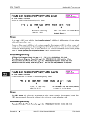 Page 508FF6: TRS/ARS Section 400-Programming
Page 6-30
     l     DBS 576 (USA) issued 05/20/98 576-13-400
FF1System
FF2Tr u n k s
FF3Extensions
FF4FF-/Soft Keys
FF5Groups
FF6TRS/ARS
0   System
Configuration
FF7Appl ications
FF8Maintenance Introduction
Appe ndix  A
Appe ndix  B
FF1System
FF2Tr u n k s
FF3Extensions
FF4FF-/Soft Keys
FF5Groups
FF6TRS/ARS
0   System
Configuration
FF7Appli cations
FF8Maintenance Introduction
Appe ndix A
Appe ndix B
      
Notes:
If the 
route’s ARS Level is higher than the 
call...