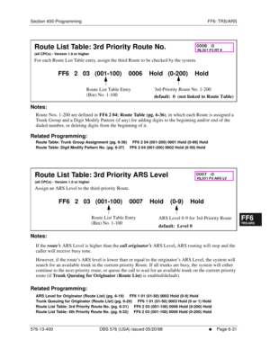 Page 509Section 400-Programming FF6: TRS/ARS
576-13-400 DBS 576 (USA) issued 05/20/98
     l     Page 6-31
FF1System
FF2Tr u n k s
FF3Extensions
FF4FF-/Soft Keys
FF5Groups
FF6TRS/ARS
0   System
Configuration
FF7Appl ications
FF8Maintenance Introduction
Appe ndix  A
Appe ndix  B
FF1System
FF2Tr u n k s
FF3Extensions
FF4FF-/Soft Keys
FF5Groups
FF6TRS/ARS
0   System
Configuration
FF7Appli cations
FF8Maintenance Introduction
Appe ndix A
Appe ndix B
      
Notes:
Route Nos. 1-200 are defined in 
FF6 2 04: Route Table...