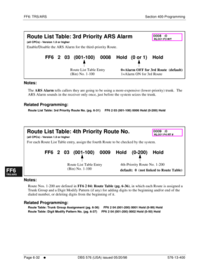 Page 510FF6: TRS/ARS Section 400-Programming
Page 6-32
     l     DBS 576 (USA) issued 05/20/98 576-13-400
FF1System
FF2Tr u n k s
FF3Extensions
FF4FF-/Soft Keys
FF5Groups
FF6TRS/ARS
0   System
Configuration
FF7Appl ications
FF8Maintenance Introduction
Appe ndix  A
Appe ndix  B
FF1System
FF2Tr u n k s
FF3Extensions
FF4FF-/Soft Keys
FF5Groups
FF6TRS/ARS
0   System
Configuration
FF7Appli cations
FF8Maintenance Introduction
Appe ndix A
Appe ndix B
      
Notes:
The 
ARS Alarm tells callers they are going to be...