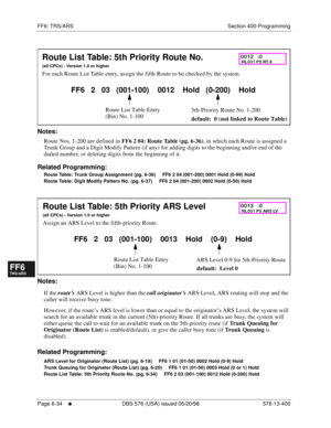 Page 512FF6: TRS/ARS Section 400-Programming
Page 6-34
     l     DBS 576 (USA) issued 05/20/98 576-13-400
FF1System
FF2Tr u n k s
FF3Extensions
FF4FF-/Soft Keys
FF5Groups
FF6TRS/ARS
0   System
Configuration
FF7Appl ications
FF8Maintenance Introduction
Appe ndix  A
Appe ndix  B
FF1System
FF2Tr u n k s
FF3Extensions
FF4FF-/Soft Keys
FF5Groups
FF6TRS/ARS
0   System
Configuration
FF7Appli cations
FF8Maintenance Introduction
Appe ndix A
Appe ndix B
      
Notes:
Route Nos. 1-200 are defined in 
FF6 2 04: Route Table...