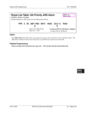 Page 513Section 400-Programming FF6: TRS/ARS
576-13-400 DBS 576 (USA) issued 05/20/98
     l     Page 6-35
FF1System
FF2Tr u n k s
FF3Extensions
FF4FF-/Soft Keys
FF5Groups
FF6TRS/ARS
0   System
Configuration
FF7Appl ications
FF8Maintenance Introduction
Appe ndix  A
Appe ndix  B
FF1System
FF2Tr u n k s
FF3Extensions
FF4FF-/Soft Keys
FF5Groups
FF6TRS/ARS
0   System
Configuration
FF7Appli cations
FF8Maintenance Introduction
Appe ndix A
Appe ndix B
        
Notes:
The 
ARS Alarm tells callers they are going to be...