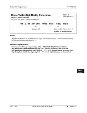 Page 515Section 400-Programming FF6: TRS/ARS
576-13-400 DBS 576 (USA) issued 05/20/98
     l     Page 6-37
FF1System
FF2Tr u n k s
FF3Extensions
FF4FF-/Soft Keys
FF5Groups
FF6TRS/ARS
0   System
Configuration
FF7Appl ications
FF8Maintenance Introduction
Appe ndix  A
Appe ndix  B
FF1System
FF2Tr u n k s
FF3Extensions
FF4FF-/Soft Keys
FF5Groups
FF6TRS/ARS
0   System
Configuration
FF7Appli cations
FF8Maintenance Introduction
Appe ndix A
Appe ndix B
        
Notes:
Digit Modify Patterns are used for deleting digits...