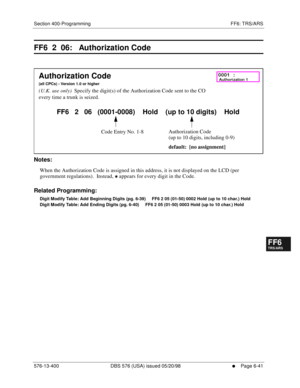 Page 519Section 400-Programming FF6: TRS/ARS
576-13-400 DBS 576 (USA) issued 05/20/98
     l     Page 6-41
FF1System
FF2Tr u n k s
FF3Extensions
FF4FF-/Soft Keys
FF5Groups
FF6TRS/ARS
0   System
Configuration
FF7Appl ications
FF8Maintenance Introduction
Appe ndix  A
Appe ndix  B
FF1System
FF2Tr u n k s
FF3Extensions
FF4FF-/Soft Keys
FF5Groups
FF6TRS/ARS
0   System
Configuration
FF7Appli cations
FF8Maintenance Introduction
Appe ndix A
Appe ndix B
FF6  2  06:   Authorization Code
         
Notes:
When the...