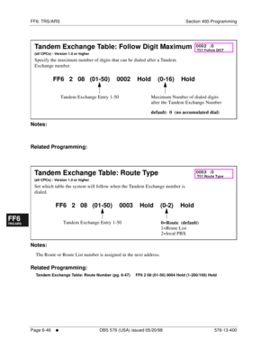 Page 524FF6: TRS/ARS Section 400-Programming
Page 6-46
     l     DBS 576 (USA) issued 05/20/98 576-13-400
FF1System
FF2Tr u n k s
FF3Extensions
FF4FF-/Soft Keys
FF5Groups
FF6TRS/ARS
0   System
Configuration
FF7Appl ications
FF8Maintenance Introduction
Appe ndix  A
Appe ndix  B
FF1System
FF2Tr u n k s
FF3Extensions
FF4FF-/Soft Keys
FF5Groups
FF6TRS/ARS
0   System
Configuration
FF7Appli cations
FF8Maintenance Introduction
Appe ndix A
Appe ndix B
        
Notes:
Related Programming:
        
Notes:
The Route or...