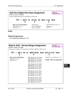 Page 537Section 400-Programming FF7: Applications
576-13-400 DBS 576 (USA) issued 05/20/98
     l     Page 7-11
FF1System
FF2Tr u n k s
FF3Extensions
FF4FF-/Soft Keys
FF5Groups
FF6TRS/ARS
0   System
Configuration
FF7Appl ications
FF8Maintenance Introduction
Appe ndix  A
Appe ndix  B
FF1System
FF2Tr u n k s
FF3Extensions
FF4FF-/Soft Keys
FF5Groups
FF6TRS/ARS
0   System
Configuration
FF7Appli cations
FF8Maintenance Introduction
Appe ndix A
Appe ndix B
        
Notes:
Related Programming:
FF1 8: Digital Pad...