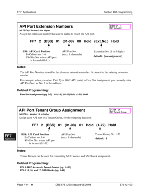 Page 540FF7: Applications Section 400-Programming
Page 7-14
     l     DBS 576 (USA) issued 05/20/98 576-13-400
FF1System
FF2Tr u n k s
FF3Extensions
FF4FF-/Soft Keys
FF5Groups
FF6TRS/ARS
0   System
Configuration
FF7Appl ications
FF8Maintenance Introduction
Appe ndix  A
Appe ndix  B
FF1System
FF2Tr u n k s
FF3Extensions
FF4FF-/Soft Keys
FF5Groups
FF6TRS/ARS
0   System
Configuration
FF7Appli cations
FF8Maintenance Introduction
Appe ndix A
Appe ndix B
          
Notes:
The API Port Number should be the phantom...