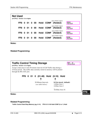 Page 559Section 400-Programming FF8: Maintenance
576-13-400 DBS 576 (USA) issued 05/20/98
     l     Page 8-15
FF1System
FF2Tr u n k s
FF3Extensions
FF4FF-/Soft Keys
FF5Groups
FF6TRS/ARS
0   System
Configuration
FF7Appl ications
FF8Maintenance Introduction
Appe ndix  A
Appe ndix  B
FF1System
FF2Tr u n k s
FF3Extensions
FF4FF-/Soft Keys
FF5Groups
FF6TRS/ARS
0   System
Configuration
FF7Appli cations
FF8Maintenance Introduction
Appe ndix A
Appe ndix B
    
Notes:
Related Programming:
        
Notes:
Related...