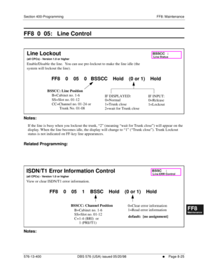 Page 569Section 400-Programming FF8: Maintenance
576-13-400 DBS 576 (USA) issued 05/20/98
     l     Page 8-25
FF1System
FF2Tr u n k s
FF3Extensions
FF4FF-/Soft Keys
FF5Groups
FF6TRS/ARS
0   System
Configuration
FF7Appl ications
FF8Maintenance Introduction
Appe ndix  A
Appe ndix  B
FF1System
FF2Tr u n k s
FF3Extensions
FF4FF-/Soft Keys
FF5Groups
FF6TRS/ARS
0   System
Configuration
FF7Appli cations
FF8Maintenance Introduction
Appe ndix A
Appe ndix B
FF8  0  05:   Line Control
     
Notes:
If the line is busy when...