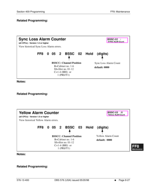 Page 571Section 400-Programming FF8: Maintenance
576-13-400 DBS 576 (USA) issued 05/20/98
     l     Page 8-27
FF1System
FF2Tr u n k s
FF3Extensions
FF4FF-/Soft Keys
FF5Groups
FF6TRS/ARS
0   System
Configuration
FF7Appl ications
FF8Maintenance Introduction
Appe ndix  A
Appe ndix  B
FF1System
FF2Tr u n k s
FF3Extensions
FF4FF-/Soft Keys
FF5Groups
FF6TRS/ARS
0   System
Configuration
FF7Appli cations
FF8Maintenance Introduction
Appe ndix A
Appe ndix B
Related Programming:
        
Notes:
Related Programming:...