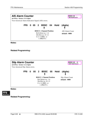 Page 572FF8: Maintenance Section 400-Programming
Page 8-28
     l     DBS 576 (USA) issued 05/20/98 576-13-400
FF1System
FF2Tr u n k s
FF3Extensions
FF4FF-/Soft Keys
FF5Groups
FF6TRS/ARS
0   System
Configuration
FF7Appl ications
FF8Maintenance Introduction
Appe ndix  A
Appe ndix  B
FF1System
FF2Tr u n k s
FF3Extensions
FF4FF-/Soft Keys
FF5Groups
FF6TRS/ARS
0   System
Configuration
FF7Appli cations
FF8Maintenance Introduction
Appe ndix A
Appe ndix B
     
Notes:
Related Programming:
        
Notes:
Related...