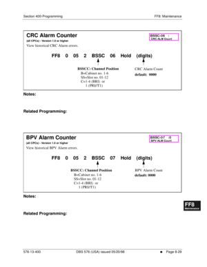 Page 573Section 400-Programming FF8: Maintenance
576-13-400 DBS 576 (USA) issued 05/20/98
     l     Page 8-29
FF1System
FF2Tr u n k s
FF3Extensions
FF4FF-/Soft Keys
FF5Groups
FF6TRS/ARS
0   System
Configuration
FF7Appl ications
FF8Maintenance Introduction
Appe ndix  A
Appe ndix  B
FF1System
FF2Tr u n k s
FF3Extensions
FF4FF-/Soft Keys
FF5Groups
FF6TRS/ARS
0   System
Configuration
FF7Appli cations
FF8Maintenance Introduction
Appe ndix A
Appe ndix B
        
Notes:
Related Programming:
          
Notes:
Related...