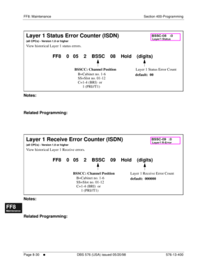 Page 574FF8: Maintenance Section 400-Programming
Page 8-30
     l     DBS 576 (USA) issued 05/20/98 576-13-400
FF1System
FF2Tr u n k s
FF3Extensions
FF4FF-/Soft Keys
FF5Groups
FF6TRS/ARS
0   System
Configuration
FF7Appl ications
FF8Maintenance Introduction
Appe ndix  A
Appe ndix  B
FF1System
FF2Tr u n k s
FF3Extensions
FF4FF-/Soft Keys
FF5Groups
FF6TRS/ARS
0   System
Configuration
FF7Appli cations
FF8Maintenance Introduction
Appe ndix A
Appe ndix B
          
Notes:
Related Programming:
          
Notes:
Related...