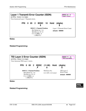 Page 575Section 400-Programming FF8: Maintenance
576-13-400 DBS 576 (USA) issued 05/20/98
     l     Page 8-31
FF1System
FF2Tr u n k s
FF3Extensions
FF4FF-/Soft Keys
FF5Groups
FF6TRS/ARS
0   System
Configuration
FF7Appl ications
FF8Maintenance Introduction
Appe ndix  A
Appe ndix  B
FF1System
FF2Tr u n k s
FF3Extensions
FF4FF-/Soft Keys
FF5Groups
FF6TRS/ARS
0   System
Configuration
FF7Appli cations
FF8Maintenance Introduction
Appe ndix A
Appe ndix B
          
Notes:
Related Programming:
       
Notes:
Related...