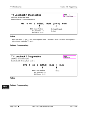 Page 578FF8: Maintenance Section 400-Programming
Page 8-34
     l     DBS 576 (USA) issued 05/20/98 576-13-400
FF1System
FF2Tr u n k s
FF3Extensions
FF4FF-/Soft Keys
FF5Groups
FF6TRS/ARS
0   System
Configuration
FF7Appl ications
FF8Maintenance Introduction
Appe ndix  A
Appe ndix  B
FF1System
FF2Tr u n k s
FF3Extensions
FF4FF-/Soft Keys
FF5Groups
FF6TRS/ARS
0   System
Configuration
FF7Appli cations
FF8Maintenance Introduction
Appe ndix A
Appe ndix B
           
Notes:
When you enter “1”, the T1 card starts...