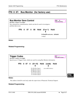 Page 581Section 400-Programming FF8: Maintenance
576-13-400 DBS 576 (USA) issued 05/20/98
     l     Page 8-37
FF1System
FF2Tr u n k s
FF3Extensions
FF4FF-/Soft Keys
FF5Groups
FF6TRS/ARS
0   System
Configuration
FF7Appl ications
FF8Maintenance Introduction
Appe ndix  A
Appe ndix  B
FF1System
FF2Tr u n k s
FF3Extensions
FF4FF-/Soft Keys
FF5Groups
FF6TRS/ARS
0   System
Configuration
FF7Appli cations
FF8Maintenance Introduction
Appe ndix A
Appe ndix B
FF8  0  07:   Bus Monitor  (for factory use)
        
Notes:...