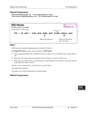 Page 591Section 400-Programming FF8: Maintenance
576-13-400 DBS 576 (USA) issued 05/20/98
     l     Page 8-47
FF1System
FF2Tr u n k s
FF3Extensions
FF4FF-/Soft Keys
FF5Groups
FF6TRS/ARS
0   System
Configuration
FF7Appl ications
FF8Maintenance Introduction
Appe ndix  A
Appe ndix  B
FF1System
FF2Tr u n k s
FF3Extensions
FF4FF-/Soft Keys
FF5Groups
FF6TRS/ARS
0   System
Configuration
FF7Appli cations
FF8Maintenance Introduction
Appe ndix A
Appe ndix B
Related Programming:
SSD Code Numbering (pg. 1-22)     FF1 0 02...