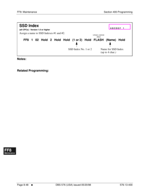 Page 592FF8: Maintenance Section 400-Programming
Page 8-48
     l     DBS 576 (USA) issued 05/20/98 576-13-400
FF1System
FF2Tr u n k s
FF3Extensions
FF4FF-/Soft Keys
FF5Groups
FF6TRS/ARS
0   System
Configuration
FF7Appl ications
FF8Maintenance Introduction
Appe ndix  A
Appe ndix  B
FF1System
FF2Tr u n k s
FF3Extensions
FF4FF-/Soft Keys
FF5Groups
FF6TRS/ARS
0   System
Configuration
FF7Appli cations
FF8Maintenance Introduction
Appe ndix A
Appe ndix B
          
Notes:
Related Programming:
SSD Index
(all CPCs) -...