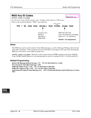 Page 596FF8: Maintenance Section 400-Programming
Page 8-52
     l     DBS 576 (USA) issued 05/20/98 576-13-400
FF1System
FF2Tr u n k s
FF3Extensions
FF4FF-/Soft Keys
FF5Groups
FF6TRS/ARS
0   System
Configuration
FF7Appl ications
FF8Maintenance Introduction
Appe ndix  A
Appe ndix  B
FF1System
FF2Tr u n k s
FF3Extensions
FF4FF-/Soft Keys
FF5Groups
FF6TRS/ARS
0   System
Configuration
FF7Appli cations
FF8Maintenance Introduction
Appe ndix A
Appe ndix B
        
Notes:
The MSG key can be used to retrieve Voice Mail...