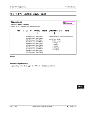 Page 597Section 400-Programming FF8: Maintenance
576-13-400 DBS 576 (USA) issued 05/20/98
     l     Page 8-53
FF1System
FF2Tr u n k s
FF3Extensions
FF4FF-/Soft Keys
FF5Groups
FF6TRS/ARS
0   System
Configuration
FF7Appl ications
FF8Maintenance Introduction
Appe ndix  A
Appe ndix  B
FF1System
FF2Tr u n k s
FF3Extensions
FF4FF-/Soft Keys
FF5Groups
FF6TRS/ARS
0   System
Configuration
FF7Appli cations
FF8Maintenance Introduction
Appe ndix A
Appe ndix B
FF8  1  07:   Special Days/Times
         
Notes:
Related...