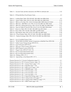 Page 7Section 400-Programming Table of Contents
576-13-400 DBS 576 (USA) issued 05/20/98
     l     v
Table 3-1.  Account Codes and their interaction with TRS for outbound calls .................................3-22
Table 4-1.  FF-Key/Soft Key Fixed Feature Codes ..............................................................................4-2
Table 6-1.  Leading Digits Table: FF6 0 00 (001-100) (0001 thru 0006) Hold ...................................6-5
Table 6-2.  Analyze Digits Table: FF6 0 01 (001-500)...