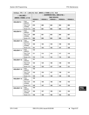 Page 601Section 400-Programming FF8: Maintenance
576-13-400 DBS 576 (USA) issued 05/20/98
     l     Page 8-57
FF1System
FF2Tr u n k s
FF3Extensions
FF4FF-/Soft Keys
FF5Groups
FF6TRS/ARS
0   System
Configuration
FF7Appl ications
FF8Maintenance Introduction
Appe ndix  A
Appe ndix  B
FF1System
FF2Tr u n k s
FF3Extensions
FF4FF-/Soft Keys
FF5Groups
FF6TRS/ARS
0   System
Configuration
FF7Appli cations
FF8Maintenance Introduction
Appe ndix A
Appe ndix B
HOLIDAY 8Date 
(MMDD)077
Start Time 
(HHMM)078 080 082 084 086...