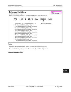 Page 603Section 400-Programming FF8: Maintenance
576-13-400 DBS 576 (USA) issued 05/20/98
     l     Page 8-59
FF1System
FF2Tr u n k s
FF3Extensions
FF4FF-/Soft Keys
FF5Groups
FF6TRS/ARS
0   System
Configuration
FF7Appl ications
FF8Maintenance Introduction
Appe ndix  A
Appe ndix  B
FF1System
FF2Tr u n k s
FF3Extensions
FF4FF-/Soft Keys
FF5Groups
FF6TRS/ARS
0   System
Configuration
FF7Appli cations
FF8Maintenance Introduction
Appe ndix A
Appe ndix B
         
Notes:
Examples of extended holidays include...