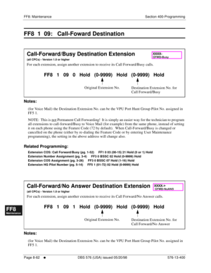 Page 606FF8: Maintenance Section 400-Programming
Page 8-62
     l     DBS 576 (USA) issued 05/20/98 576-13-400
FF1System
FF2Tr u n k s
FF3Extensions
FF4FF-/Soft Keys
FF5Groups
FF6TRS/ARS
0   System
Configuration
FF7Appl ications
FF8Maintenance Introduction
Appe ndix  A
Appe ndix  B
FF1System
FF2Tr u n k s
FF3Extensions
FF4FF-/Soft Keys
FF5Groups
FF6TRS/ARS
0   System
Configuration
FF7Appli cations
FF8Maintenance Introduction
Appe ndix A
Appe ndix B
FF8  1  09:   Call-Foward Destination
          
Notes:
(for...