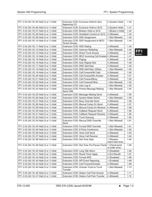 Page 65Section 400-Programming FF1: System Programming
576-13-400 DBS 576 (USA) issued 05/20/98
     l     Page 1-3
FF1System
FF2Tr u n k s
FF3Extensions
FF4FF-/Soft Keys
FF5Groups
FF6TRS/ARS
0   System
Configuration
FF7Appl ications
FF8Maintenance Introduction
Appe ndix  A
Appe ndix  B
FF1System
FF2Tr u n k s
FF3Extensions
FF4FF-/Soft Keys
FF5Groups
FF6TRS/ARS
0   System
Configuration
FF7Appli cations
FF8Maintenance Introduction
Appe ndix A
Appe ndix B
FF1 0 03 (00-15) 05 Hold (0 or 1) Hold Extension COS:...