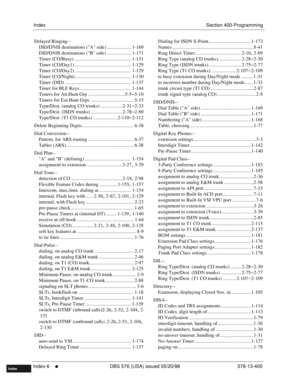 Page 652IndexSection 400-Programming
Index-6
     l     DBS 576 (USA) issued 05/20/98 576-13-400
FF1System
FF2Tr u n k s
FF3Extensions
FF4FF-/Soft Keys
FF5Groups
FF6TRS/ARS
0   System
Configuration
FF7Appl ications
FF8Maintenance Introduction
Appe ndix  A
Appe ndix  B
FF1System
FF2Tr u n k s
FF3Extensions
FF4FF-/Soft Keys
FF5Groups
FF6TRS/ARS
0   System
Configuration
FF7Appli cations
FF8Maintenance
Introduction
Appe ndix A
Appe ndix B
Index
Delayed Ringing--
DID/DNIS destinations (A side) .......................