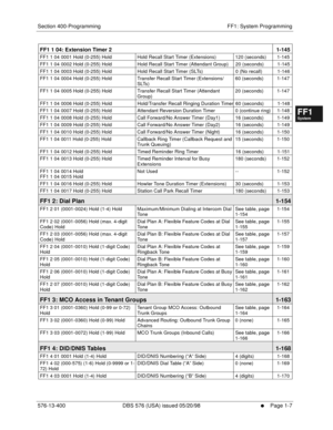 Page 69Section 400-Programming FF1: System Programming
576-13-400 DBS 576 (USA) issued 05/20/98
     l     Page 1-7
FF1System
FF2Tr u n k s
FF3Extensions
FF4FF-/Soft Keys
FF5Groups
FF6TRS/ARS
0   System
Configuration
FF7Appl ications
FF8Maintenance Introduction
Appe ndix  A
Appe ndix  B
FF1System
FF2Tr u n k s
FF3Extensions
FF4FF-/Soft Keys
FF5Groups
FF6TRS/ARS
0   System
Configuration
FF7Appli cations
FF8Maintenance Introduction
Appe ndix A
Appe ndix B
FF1 1 04: Extension Timer 2 1-145
FF1 1 04 0001 Hold...