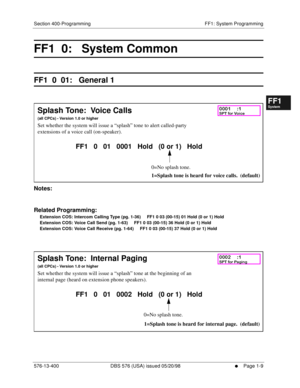 Page 71Section 400-Programming FF1: System Programming
576-13-400 DBS 576 (USA) issued 05/20/98
     l     Page 1-9
FF1System
FF2Tr u n k s
FF3Extensions
FF4FF-/Soft Keys
FF5Groups
FF6TRS/ARS
0   System
Configuration
FF7Appl ications
FF8Maintenance Introduction
Appe ndix  A
Appe ndix  B
FF1System
FF2Tr u n k s
FF3Extensions
FF4FF-/Soft Keys
FF5Groups
FF6TRS/ARS
0   System
Configuration
FF7Appli cations
FF8Maintenance Introduction
Appe ndix A
Appe ndix B
FF1  0:   System Common
FF1  0  01:   General 1...