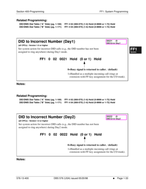 Page 95Section 400-Programming FF1: System Programming
576-13-400 DBS 576 (USA) issued 05/20/98
     l     Page 1-33
FF1System
FF2Tr u n k s
FF3Extensions
FF4FF-/Soft Keys
FF5Groups
FF6TRS/ARS
0   System
Configuration
FF7Appl ications
FF8Maintenance Introduction
Appe ndix  A
Appe ndix  B
FF1System
FF2Tr u n k s
FF3Extensions
FF4FF-/Soft Keys
FF5Groups
FF6TRS/ARS
0   System
Configuration
FF7Appli cations
FF8Maintenance Introduction
Appe ndix A
Appe ndix B
Related Programming:
DID/DNIS Dial Table (“A” Side) (pg....