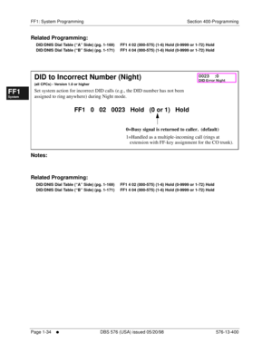 Page 96FF1: System Programming Section 400-Programming
Page 1-34
     l     DBS 576 (USA) issued 05/20/98 576-13-400
FF1System
FF2Tr u n k s
FF3Extensions
FF4FF-/Soft Keys
FF5Groups
FF6TRS/ARS
0   System
Configuration
FF7Appl ications
FF8Maintenance Introduction
Appe ndix  A
Appe ndix  B
FF1System
FF2Tr u n k s
FF3Extensions
FF4FF-/Soft Keys
FF5Groups
FF6TRS/ARS
0   System
Configuration
FF7Appli cations
FF8Maintenance Introduction
Appe ndix A
Appe ndix B
Related Programming:
DID/DNIS Dial Table (“A” Side) (pg....