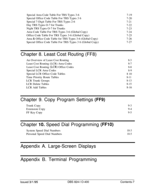 Page 126Special Area Code Table For TRS Types 3-67-19Special Office Code Table For TRS Types 3 6
7-20Special 7-Digit Table For TRS Types 2-6
7-21Day TRS Types O-7 for Trunks
7-22Night TRS Types O-7 for Trunks
7-23Area Code Table For TRS Types 3-6 (Global Copy)
7-24Office Code Table For TRS Types 3-6 (Global Copy)
7-25Area 
& Office Code Table for TRS Types 3-6 (Global Copy)7-26Special Office Code Table For TRS Types 3 6 (Global Copy)
7-27Chapter 8. Least Cost Routing (FF8)
An Overview of Least Cost Routing...