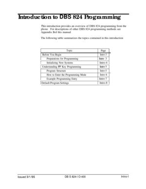 Page 130Introduction to DEE 824 Programming
This introduction provides an overview of DBS 824 programming from the
phoneFor descriptions of other DBS 824 programming methods see
Appendix Bof this manual
The following table summarizes the topics contained in this introduction
Before You Begin
TopicPage
Intro-3
t
I
Preparations for Programming1 Intro 3
IInitializing New Systems1 Intro-4 1
Understanding FF Key ProgrammingIntro 5
Program Structure
How to Enter the Programming ModeIntro-5
Intro 6
t
,
Example...